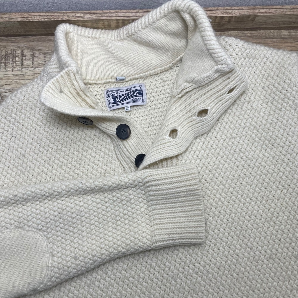 Schott Bros Wool Blend Mock Neck Button Sweater Cream Elbow Patches Men 2XL READ